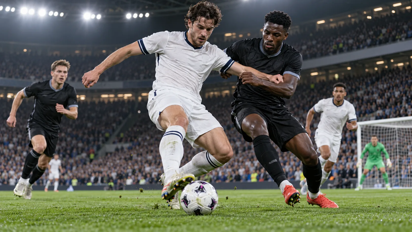 A live football match under stadium lights